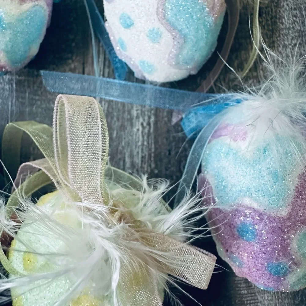 Easter Eggs Glitter Print Feather Ornaments Spring Bowl Filler - Picture 3 of 3